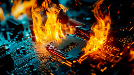 A close up of a computer motherboard with flames coming out of it.
