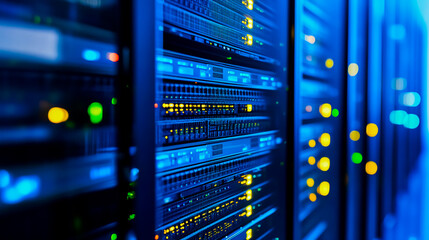 A close up of a server room with many rows of servers.