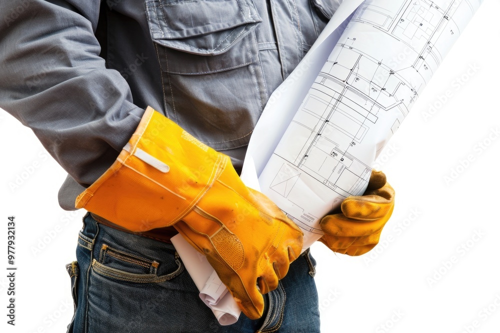 Poster a construction worker holds a blueprint and wears a pair of gloves, ready to get to work