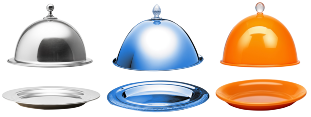 Front View To a Set Of Colored serving cloches raised above Empty plates PNG isolated on white and transparent background - Serving dome Dining cover with Empty Plate Restaurant Food presentation