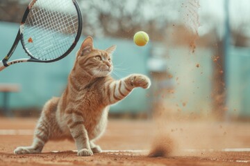 A domestic cat using a tennis racket to play tennis in a playful way