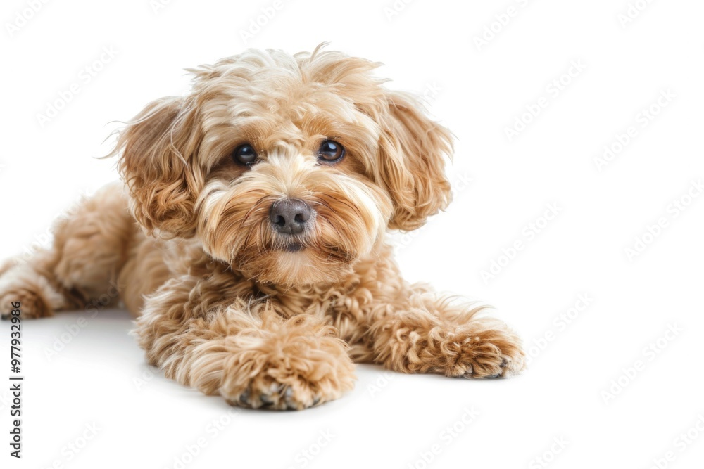 Poster a small dog is resting on a white surface