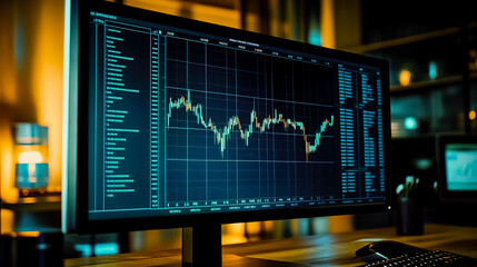 A computer monitor with a detailed and modern currency exchange rate graph, showing fluctuating lines for multiple currencies like USD, EUR, GBP, and JPY.