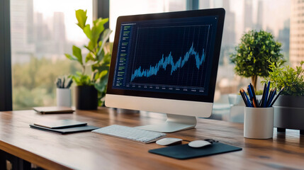 A computer monitor with a detailed and modern currency exchange rate graph, showing fluctuating lines for multiple currencies like USD, EUR, GBP, and JPY.