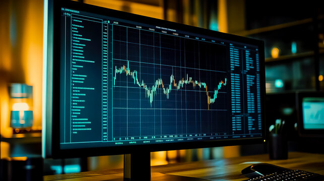 A computer monitor with a detailed and modern currency exchange rate graph, showing fluctuating lines for multiple currencies like USD, EUR, GBP, and JPY.