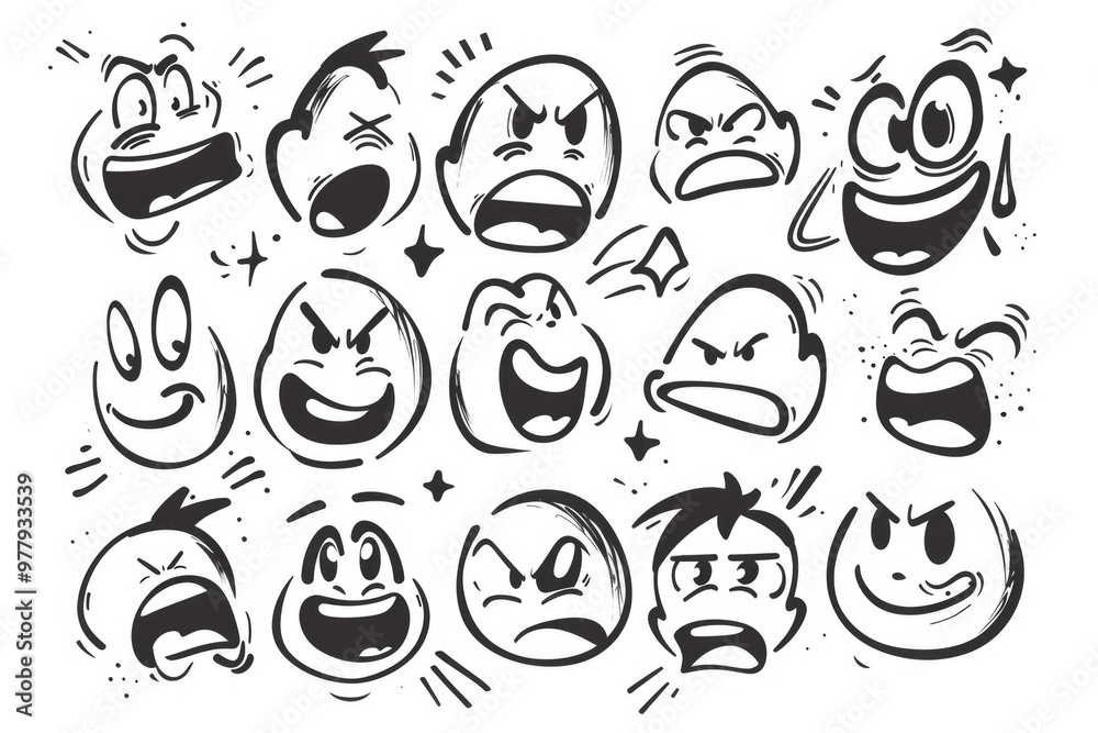 Poster a collection of cartoon faces with diverse emotions and reactions, ideal for use in illustrations, a