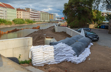 Flood wall from sandbags in river basin of Svratka, Brno, Czech republic, floods after storm boris, September 15, 2024.