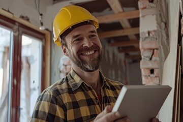 A construction worker holding a tablet computer on the job site