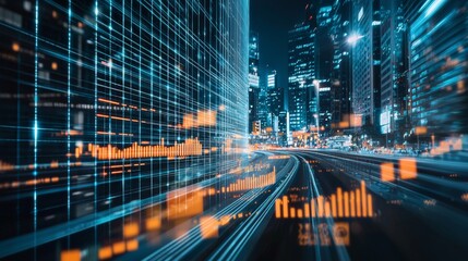 Obraz premium Futuristic city skyline with digital data overlay at night