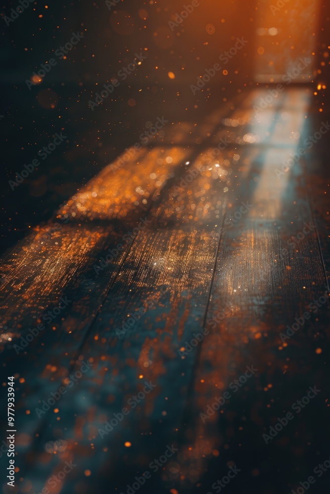 Poster a wooden floor lit by a single source of light, suitable for use in interior design, architecture or