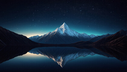 illustrative depiction of a panorama of a mountain landscape with a lake reflecting the mountainous surroundings