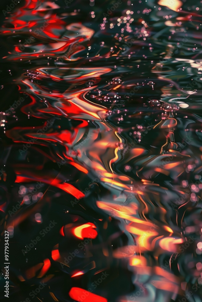 Poster a close-up of a calm water body lit by red lights, ideal for use in abstract or futuristic backgroun