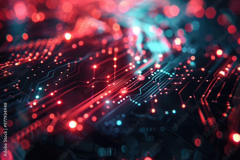 Poster close up shot of a circuit board with red and blue lights, suitable for technology and electronics t