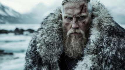 A fierce Viking warrior with a scarred face and intense expression, standing in a snowy wilderness wearing a fur cloak, exuding strength and resilience.