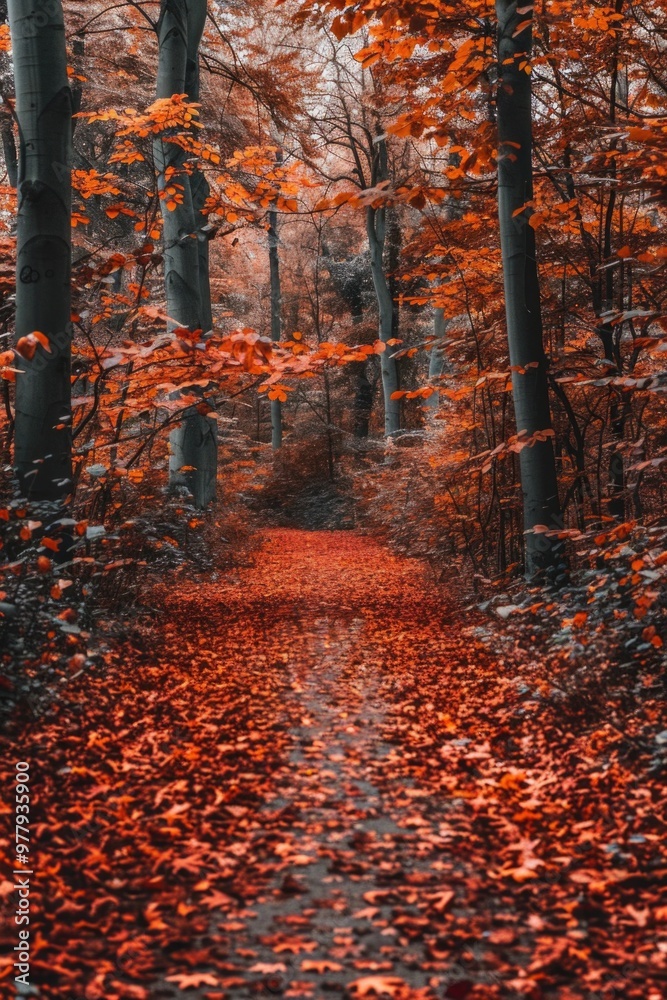 Poster A winding path in the middle of a forest surrounded by red leaves, perfect for use in nature-inspired designs or as a background