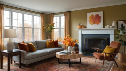 Image autumn minimalist living room with morning sun