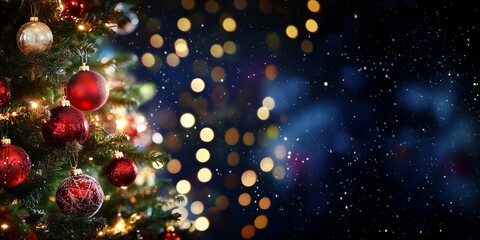 Christmas and New Year holidays background with christmas tree. Bokeh, blurred blue background. Free space for text. light garlands, Christmas tree decorations