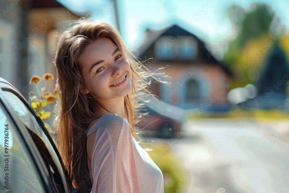 Poster A person leaning out of an open car window, possibly looking or waving at something outside the vehicle