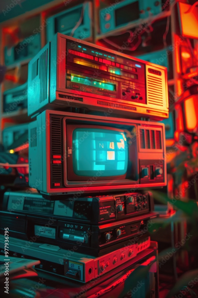 Poster a stack of vintage tvs stacked on top of each other, with old-fashioned designs and rusty components