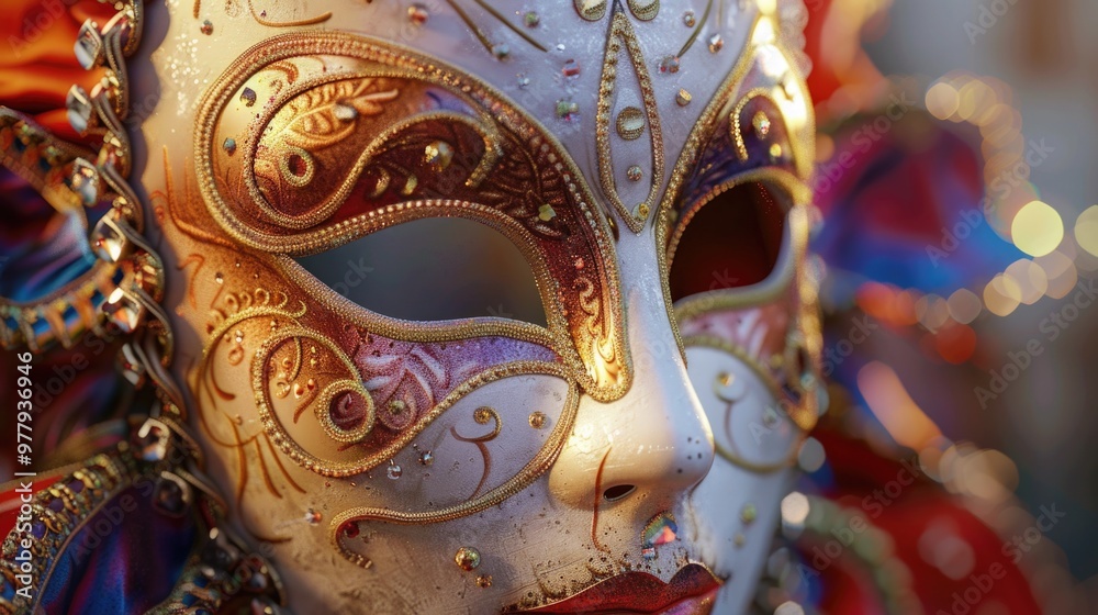Poster a detailed shot of a mask worn by a person, suitable for use in a variety of settings including cost