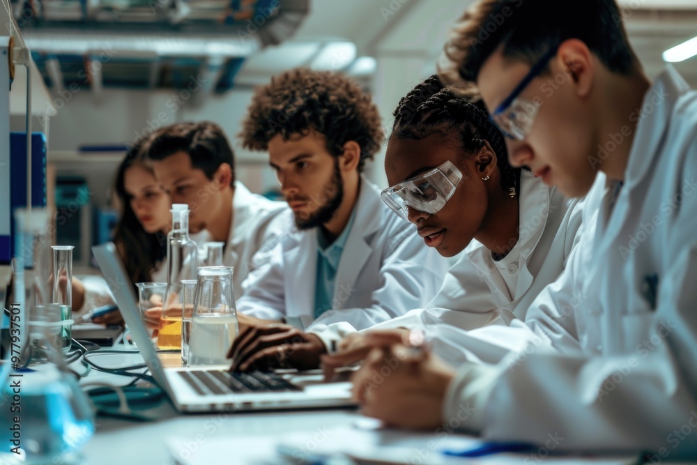 Poster Group of scientists working on laptops and taking notes, likely in a research setting