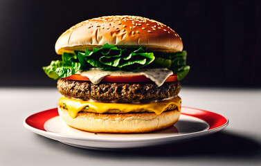 Appetizing hamburger with vegetables and meat and on black background