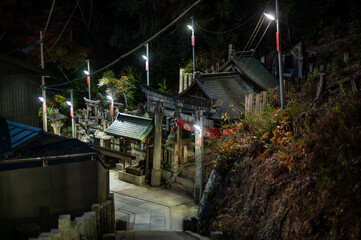 Obraz premium Traditional Japanese shrine pathway illuminated at night
