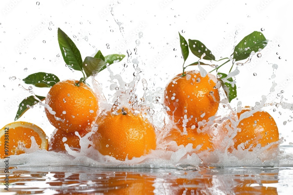 Poster fresh oranges falling into the water with splash effect