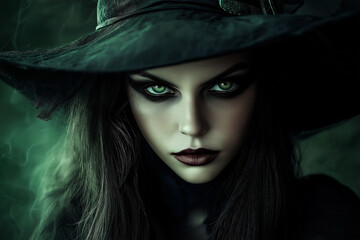 Mesmerizing, intense gaze of mysterious woman in dark, gothic outfit, Halloween theme concept