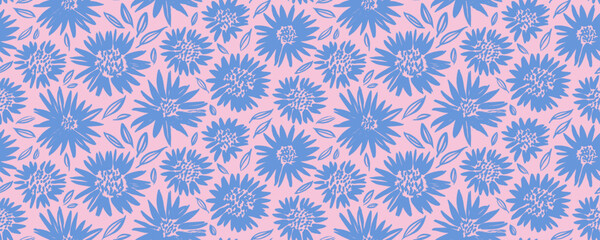 Abstract blue flowers seamless pattern. Floral seamless banner design with pale blue chrysanthemum or aster flowers.