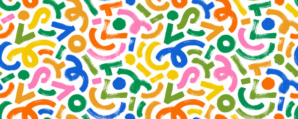 Colorful kid's style background with bold curved brush strokes and geometric basic shapes. Fun colorful thick line doodle seamless pattern. Vector curved thick strokes, circles, squiggles and lines.