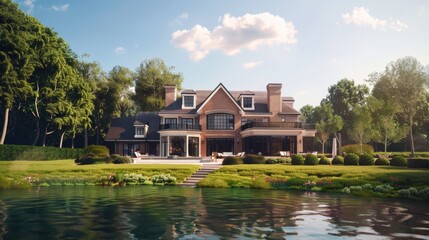 A large house situated on the edge of a vibrant green field, perfect for outdoor scenery or rustic theme