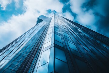 Modern skyscraper reaching for the sky with blue clouds. Architecture, urban, city, business, success, and technology