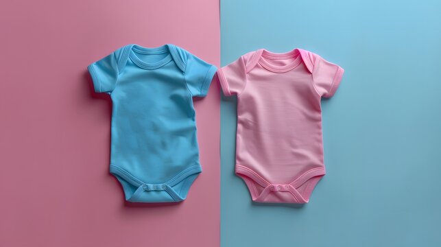 Blue and Pink Baby Onesies on Split Color Background, Copyspace for Baby Shower Invitations or Gender Reveal Banners
