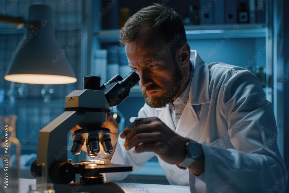 Poster a scientist looks at a specimen under a microscope