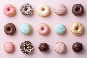 Variety of colorful glazed donuts arranged in a grid pattern on a pink background