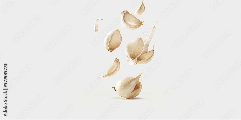 Poster Cloves of garlic suspended in mid-air, isolated on a white background