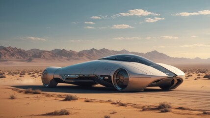 Obraz premium Incredibly futuristic vehicle, car in desert background