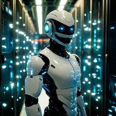 Fototapeta premium A humanoid robot female standing confidently in front of a futuristic server room, with sleek metallic limbs and glowing blue lights.