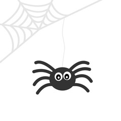 Cute black cartoon spider hanging from a thread of web, with a faint spiderweb in the corner on a white background