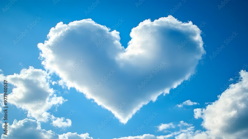 Poster A heart-shaped cloud floats in a clear blue sky, framed by surrounding clouds that mirror its shape during a sunny day