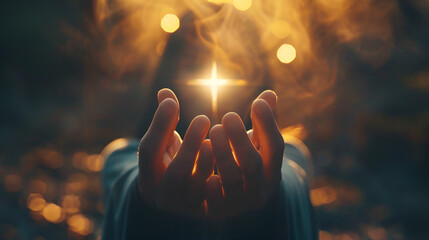 Worship is expressed by open palm hands. Eucharistic Therapy: Thank God, Aid in Repentance Catholic Easter Lent Thought Exercise. Background of the Christian religion idea. battle and triumph for God