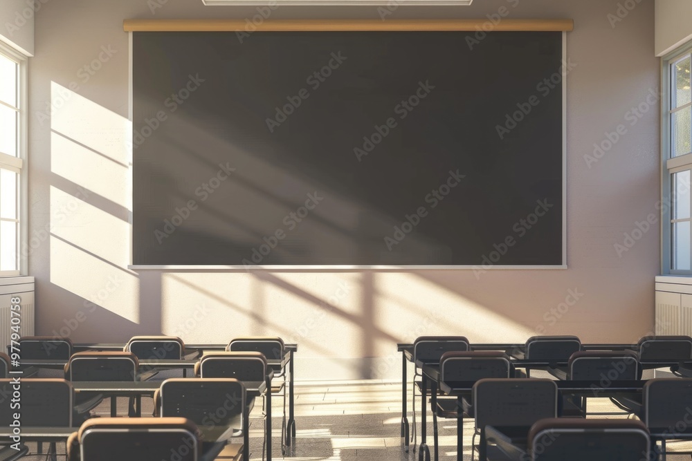 Aufkleber A traditional school setting with rows of desks and a blackboard