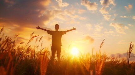 Human Rights Day concept: silhouette of a person kneeling in prayer before an autumnal meadow sunset