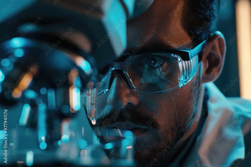 Sticker A scientist in glasses looks at a microscopic sample, possibly examining bacteria or cells