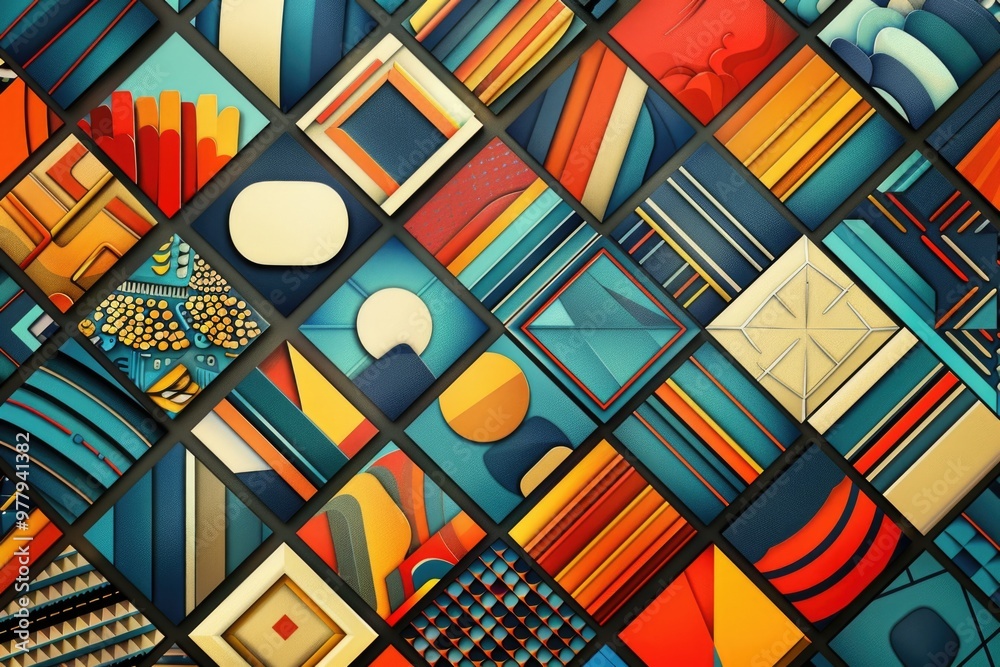Poster a colorful and eclectic mix of decorative elements on a wall, suitable for use in interior design or