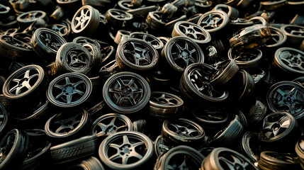 Fototapeta premium A large pile of car wheels. 3D rendering illustration.