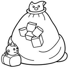 Overflowing Sack of Toy Shapes Dolls, Trains, and Blocks Vector Art