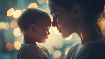 Mother and Child Foreheads Touching with Blurred Lights in Background