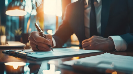 A man in a suit and tie is writing on a piece of paper with a pen, symbolizing the process of signing important documents.
